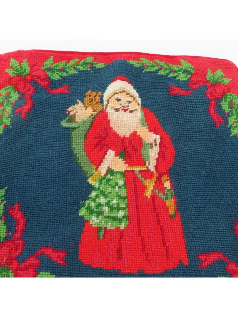 VTG Santa Claus Father Christmas Papa Noel Needlepoint Pillow Sham Zipper Xmas